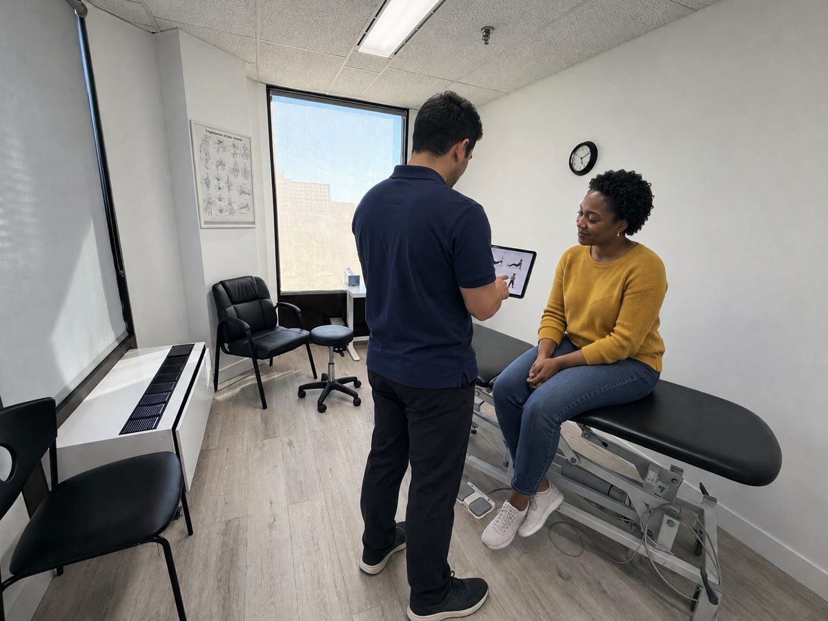 One-on-one consultation in a private treatment room at Dena Sports Physio